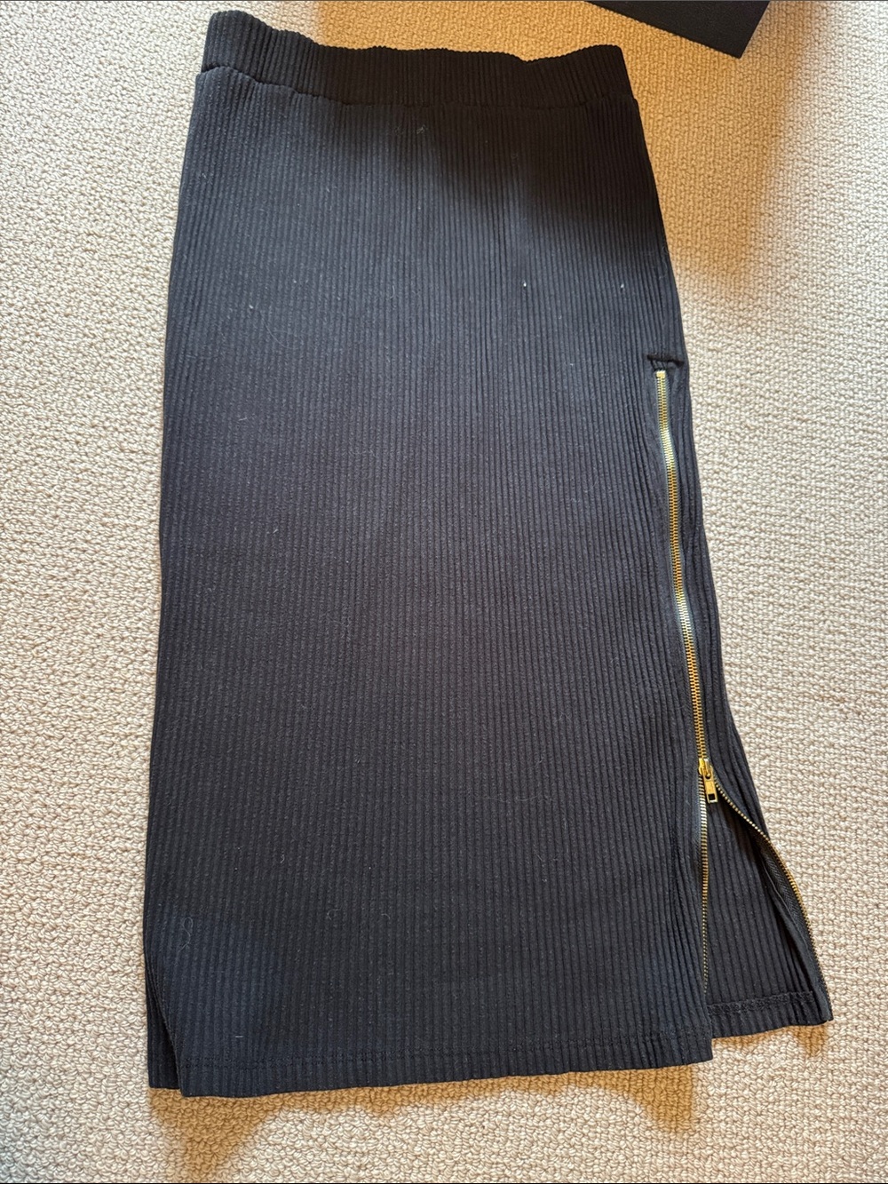 CHRLDR Black Ribbed Midi Skirt with Gold Side Zip